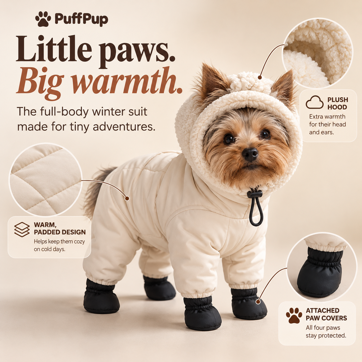 Complete PuffPup CozySuit with four attached black paw booties